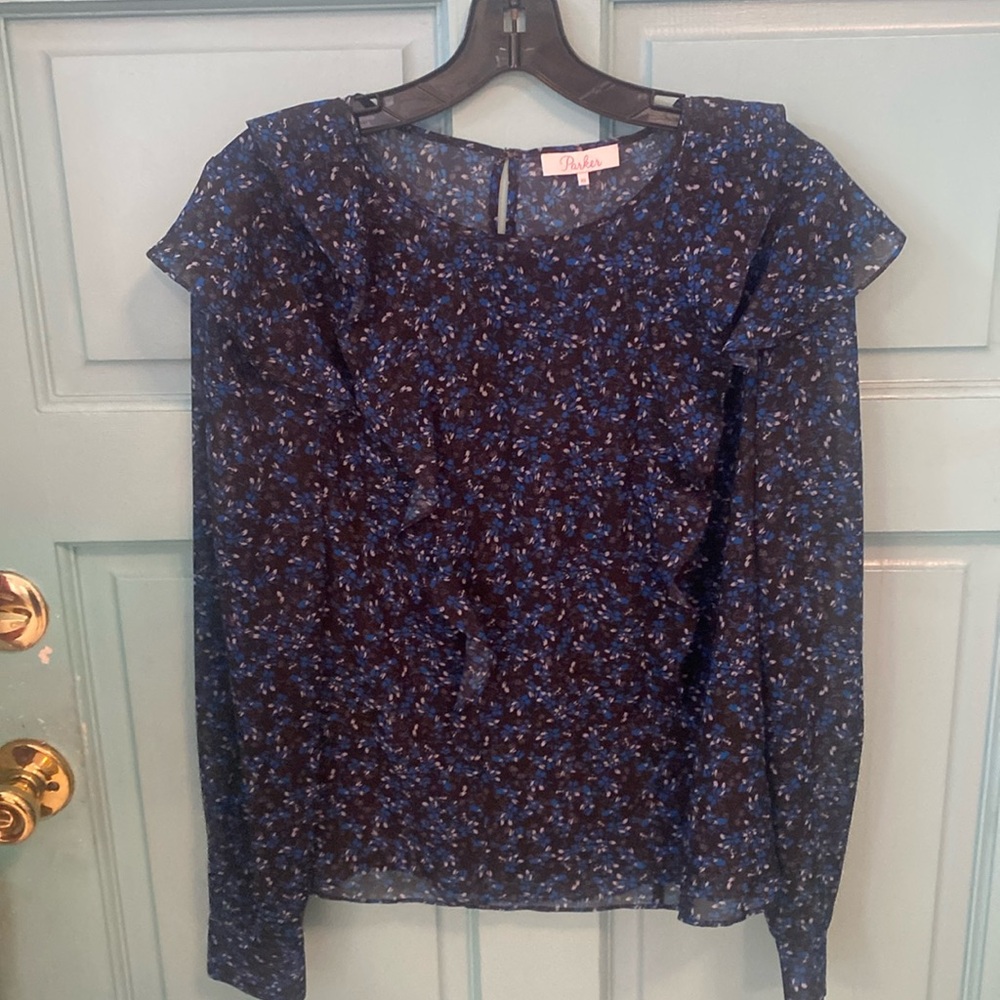 Parker women’s long sleeve ruffles from shoulder in a vee almost to  waist. # 28